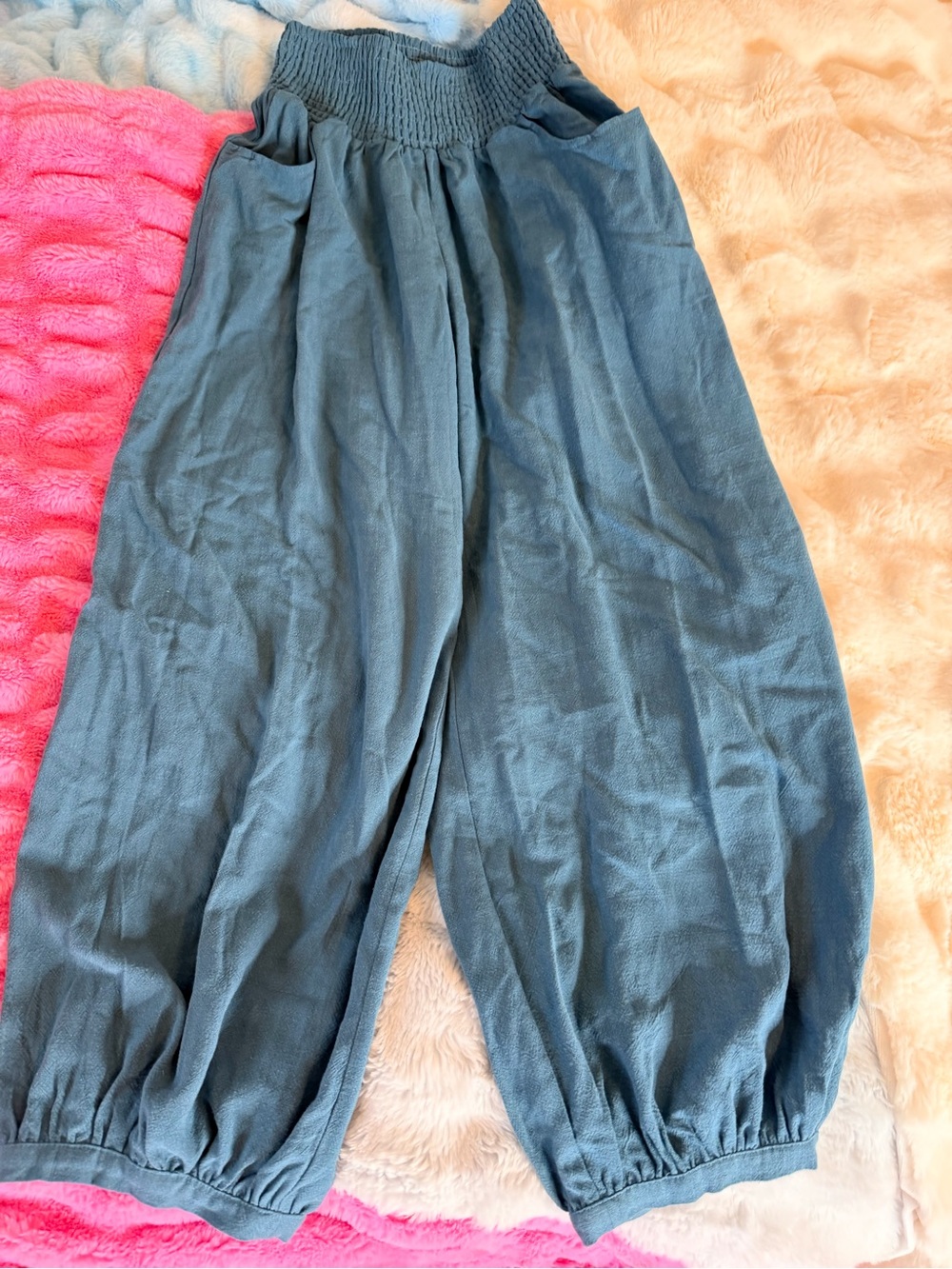 Linen blend Boho Smocked High-Waist Wide Leg Pants - Blue NWOT